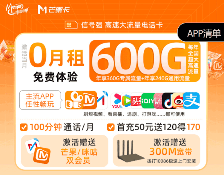移动芒果卡套餐 免费芒果咪咕双会员以及赠送300M移动宽带-图片1