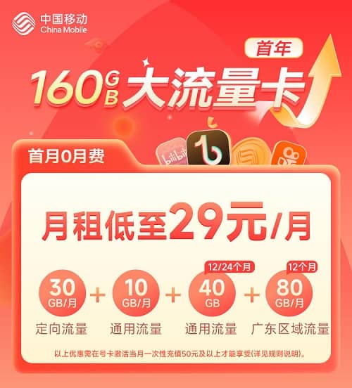 移动大流量卡29元套餐详情介绍 含130G通用流量+30G定向流量+只发广东